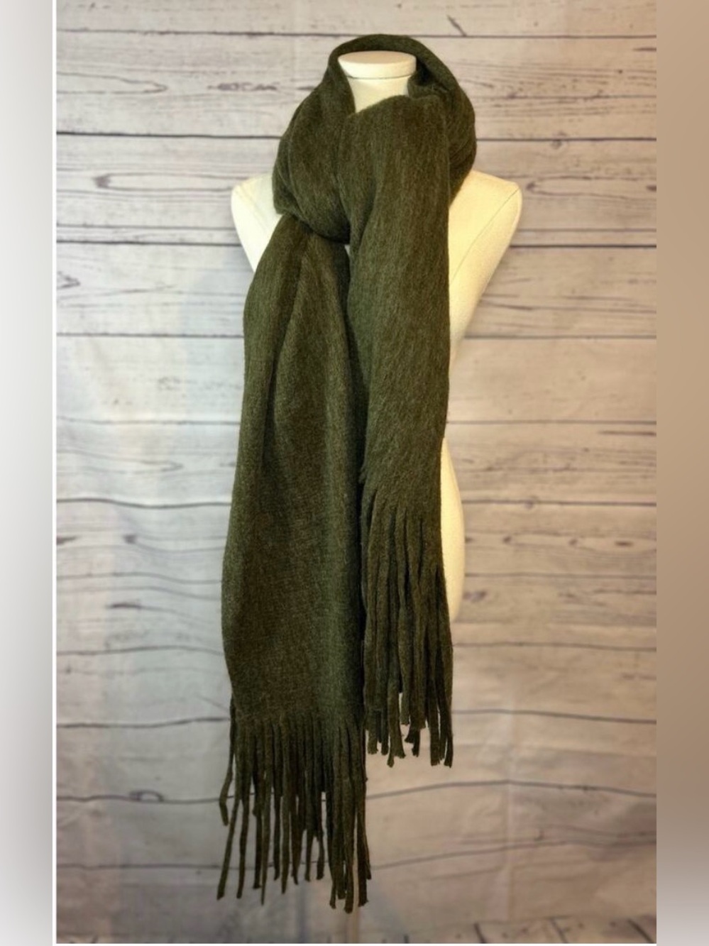 Anthropologie Olive Green Fringe Women's Oversize Scarf - Classic Winter Wrap